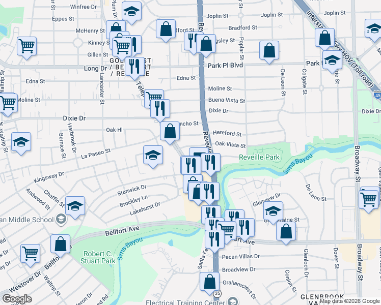 map of restaurants, bars, coffee shops, grocery stores, and more near 5949 Telephone Road in Houston