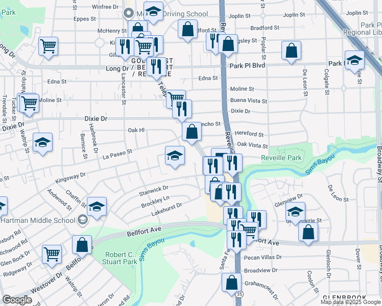 map of restaurants, bars, coffee shops, grocery stores, and more near 6000 Telephone Road in Houston