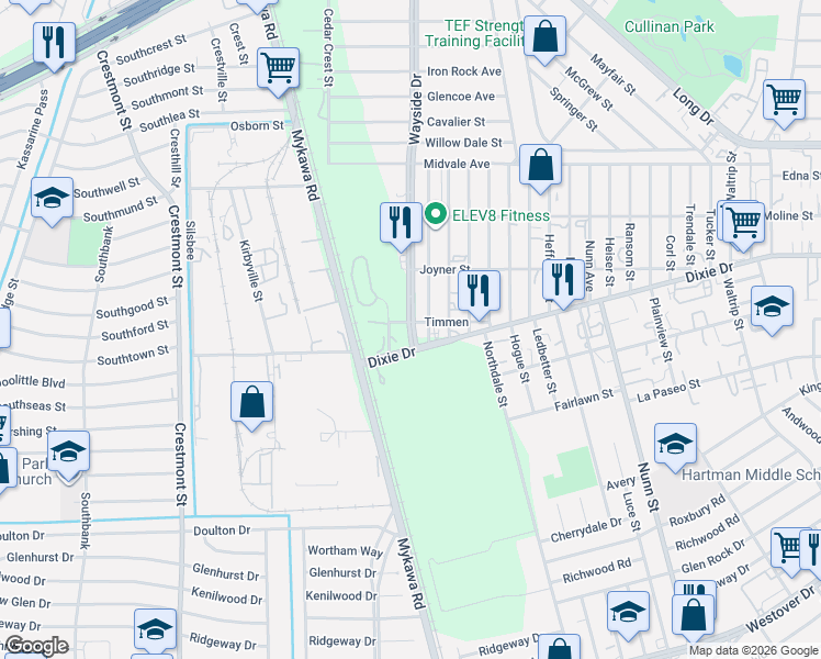 map of restaurants, bars, coffee shops, grocery stores, and more near 6201 Dixie Drive in Houston