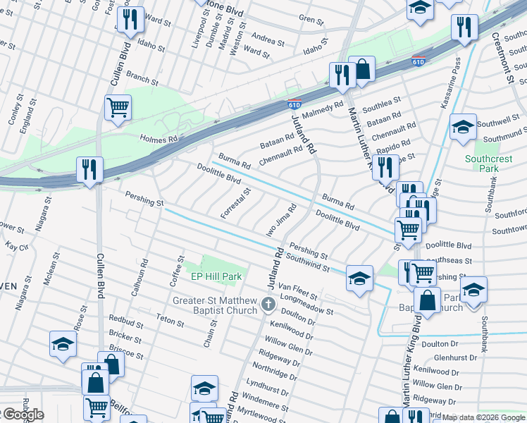 map of restaurants, bars, coffee shops, grocery stores, and more near 7330 Hurtgen Forest Road in Houston