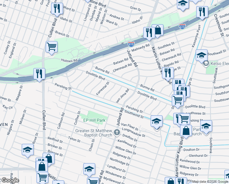map of restaurants, bars, coffee shops, grocery stores, and more near 7330 Hurtgen Forest Road in Houston