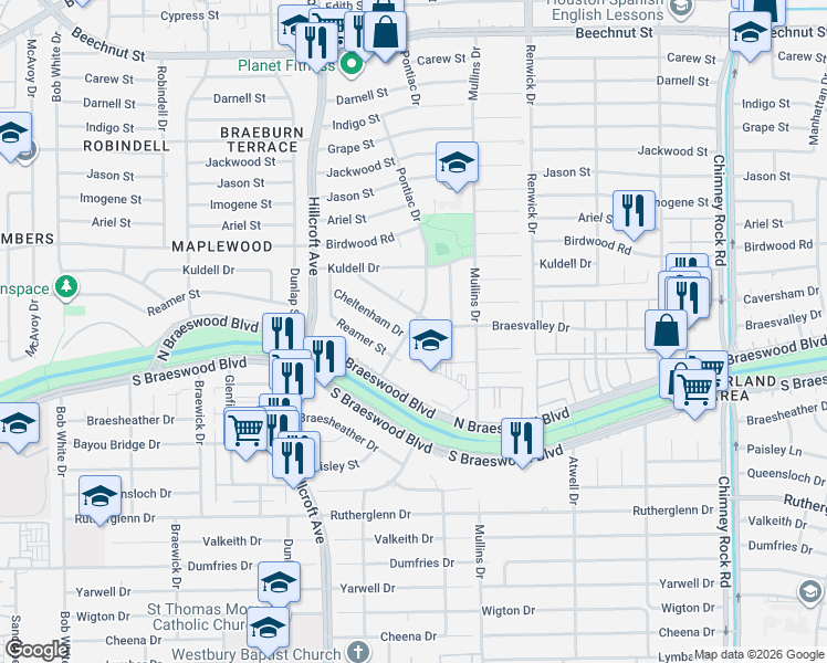 map of restaurants, bars, coffee shops, grocery stores, and more near 5619 Braesvalley Drive in Houston