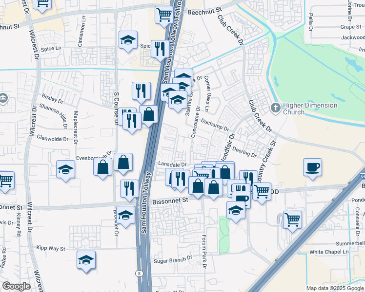 map of restaurants, bars, coffee shops, grocery stores, and more near 5020 West Sam Houston Parkway South in Houston