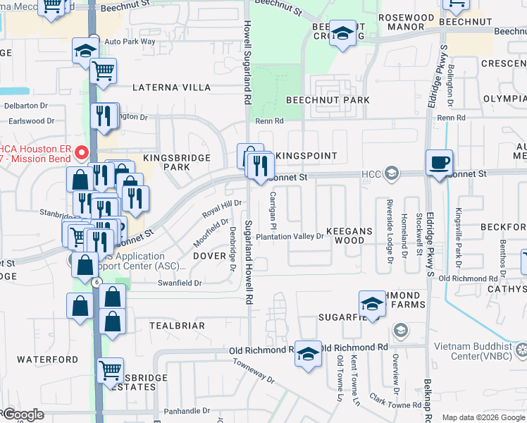 map of restaurants, bars, coffee shops, grocery stores, and more near 9322 Westacre Place in Houston