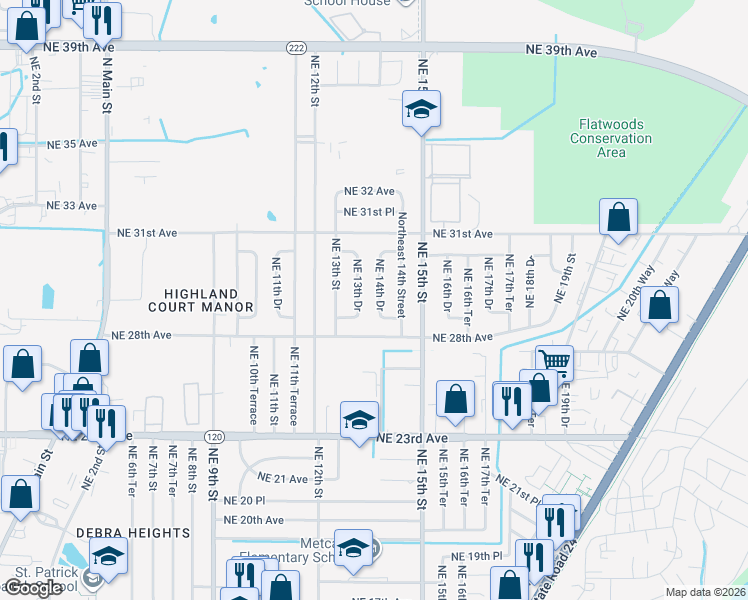 map of restaurants, bars, coffee shops, grocery stores, and more near 2902 Northeast 14th Drive in Gainesville