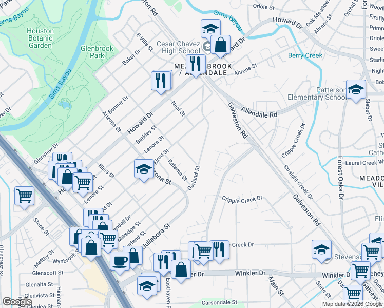 map of restaurants, bars, coffee shops, grocery stores, and more near 5203 Lantana Street in Houston