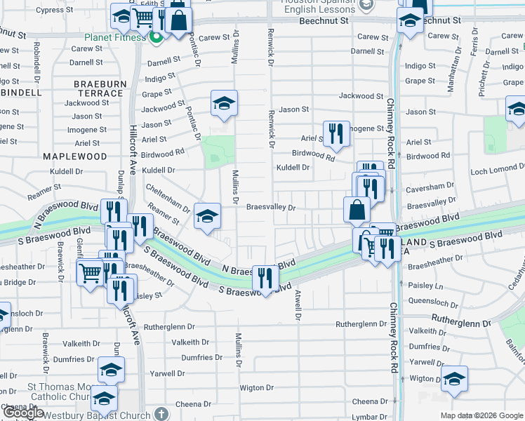 map of restaurants, bars, coffee shops, grocery stores, and more near 5519 Braesvalley Drive in Houston