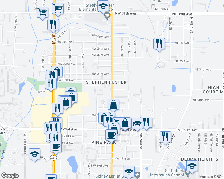 map of restaurants, bars, coffee shops, grocery stores, and more near 2948 Northwest 6th Street in Gainesville