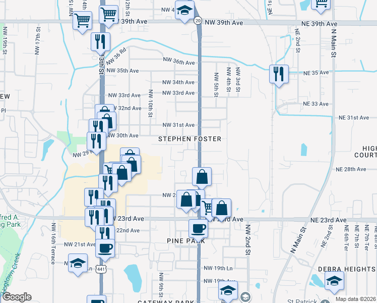 map of restaurants, bars, coffee shops, grocery stores, and more near 677 Northwest 29th Avenue in Gainesville