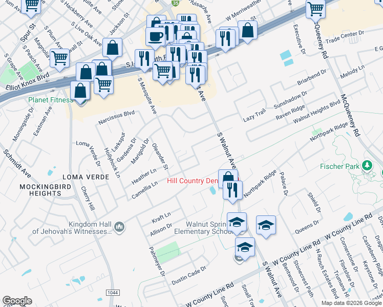 map of restaurants, bars, coffee shops, grocery stores, and more near 1320 Pecan Arbor in New Braunfels