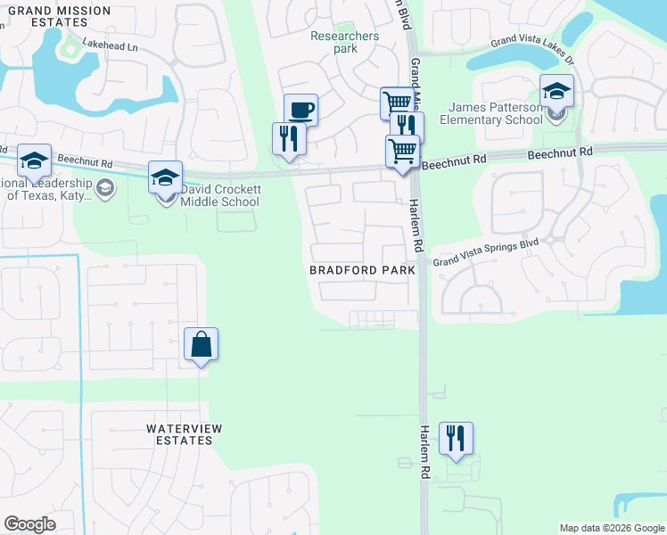 map of restaurants, bars, coffee shops, grocery stores, and more near 19307 Desert Calico Lane in Richmond
