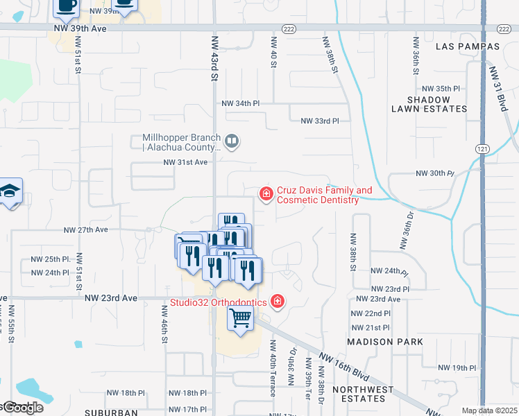 map of restaurants, bars, coffee shops, grocery stores, and more near 2833 Northwest 41 Street in Gainesville
