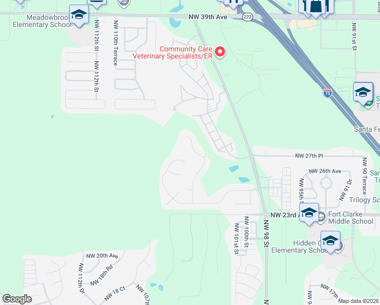 map of restaurants, bars, coffee shops, grocery stores, and more near 2714 Northwest 106th Way in Gainesville