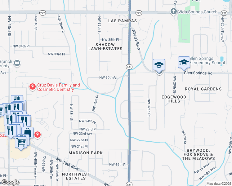 map of restaurants, bars, coffee shops, grocery stores, and more near 3511 Northwest 30th Boulevard in Gainesville