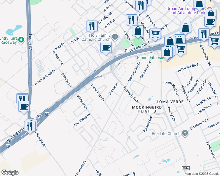 map of restaurants, bars, coffee shops, grocery stores, and more near 2694 Becker Street in New Braunfels