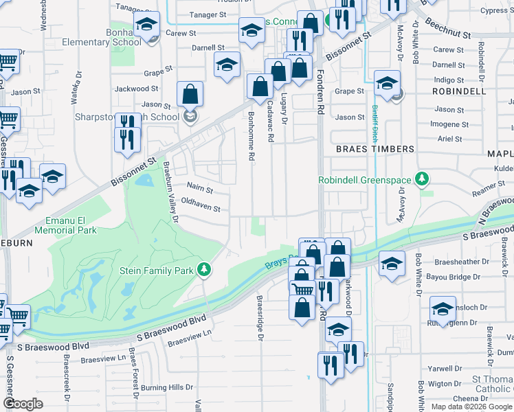 map of restaurants, bars, coffee shops, grocery stores, and more near 9207 Bonhomme Road in Houston