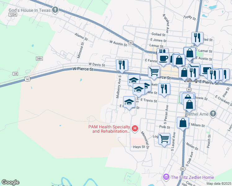 map of restaurants, bars, coffee shops, grocery stores, and more near 308 North Mulberry Street in Luling