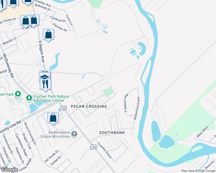 map of restaurants, bars, coffee shops, grocery stores, and more near 527 Pecan Forest in New Braunfels