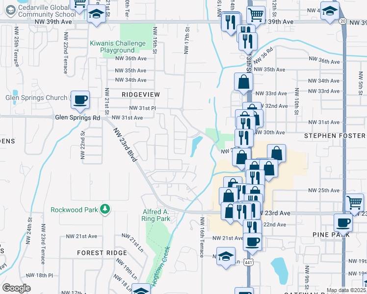 map of restaurants, bars, coffee shops, grocery stores, and more near 1603 Northwest 29 Road in Gainesville