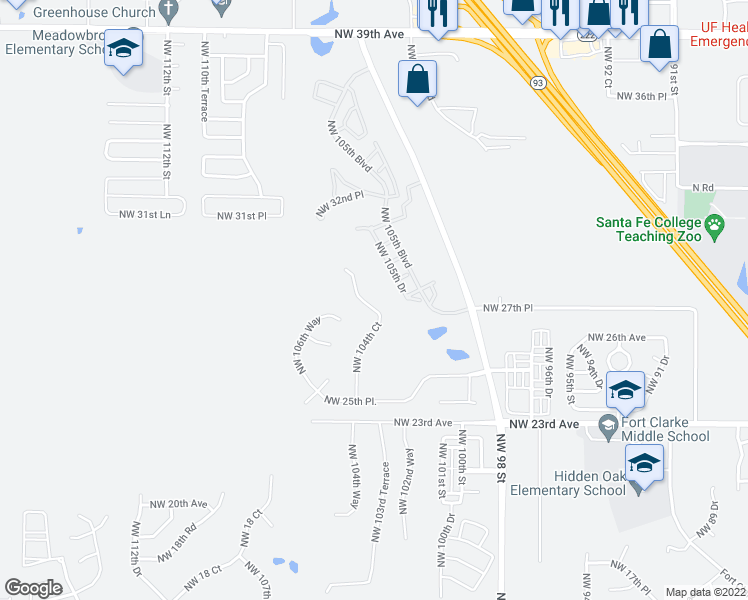 map of restaurants, bars, coffee shops, grocery stores, and more near 2731 Northwest 104th Court in Gainesville