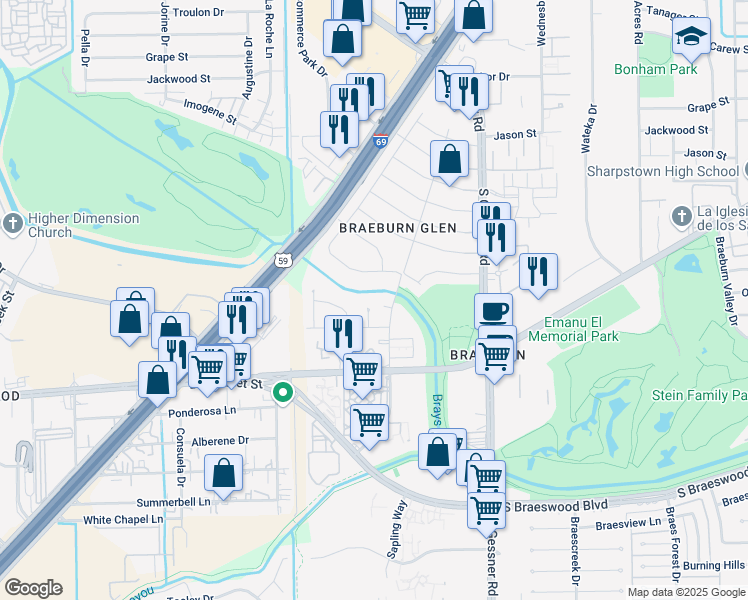 map of restaurants, bars, coffee shops, grocery stores, and more near 9402 Camargo Court in Houston