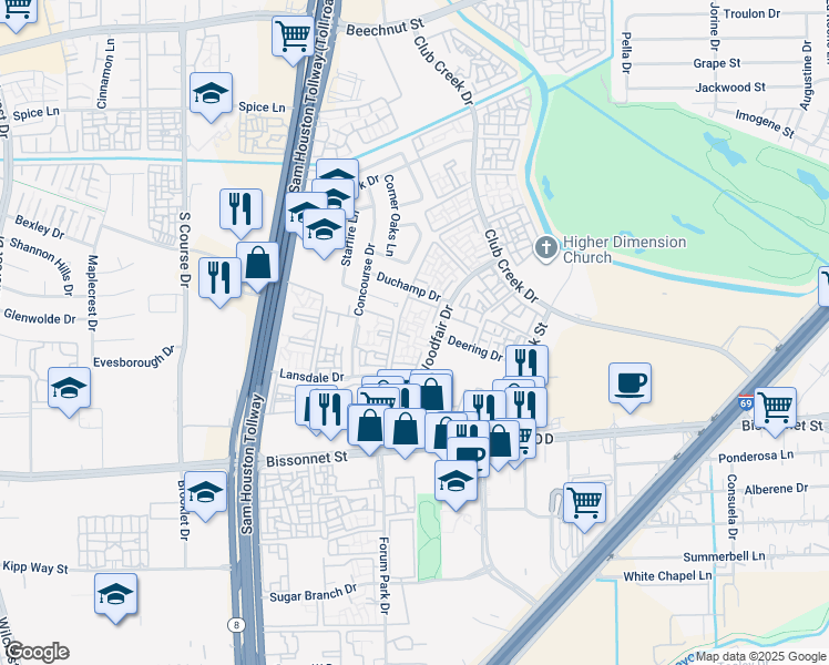 map of restaurants, bars, coffee shops, grocery stores, and more near 9450 Woodfair Drive in Houston