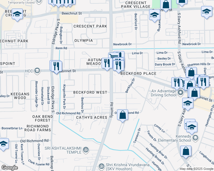 map of restaurants, bars, coffee shops, grocery stores, and more near 9218 Benchley Drive in Houston