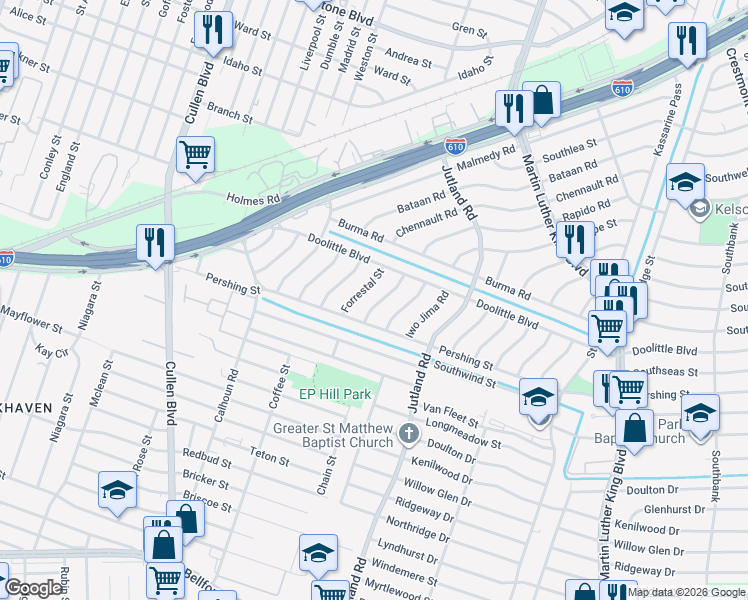 map of restaurants, bars, coffee shops, grocery stores, and more near 7339 Forrestal Street in Houston
