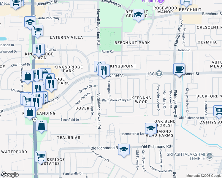 map of restaurants, bars, coffee shops, grocery stores, and more near 9311 Spindlewood Drive in Houston