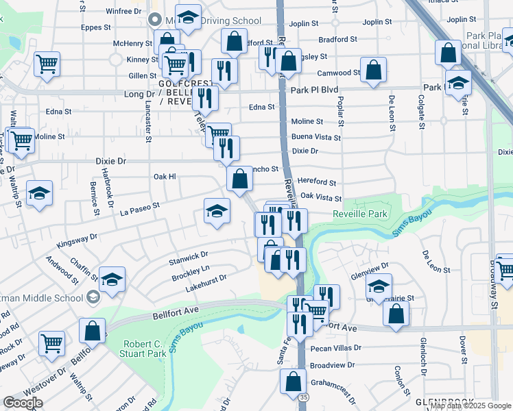 map of restaurants, bars, coffee shops, grocery stores, and more near 5949 Telephone Road in Houston
