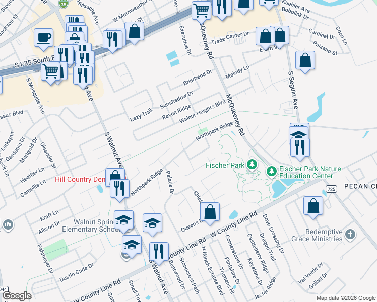 map of restaurants, bars, coffee shops, grocery stores, and more near 2107 Northcrest Drive in New Braunfels