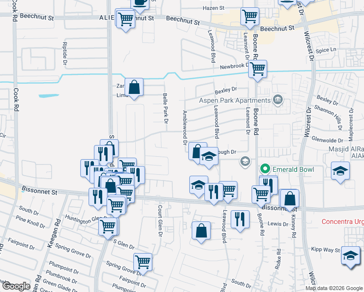 map of restaurants, bars, coffee shops, grocery stores, and more near 9106 Amblewood Drive in Houston