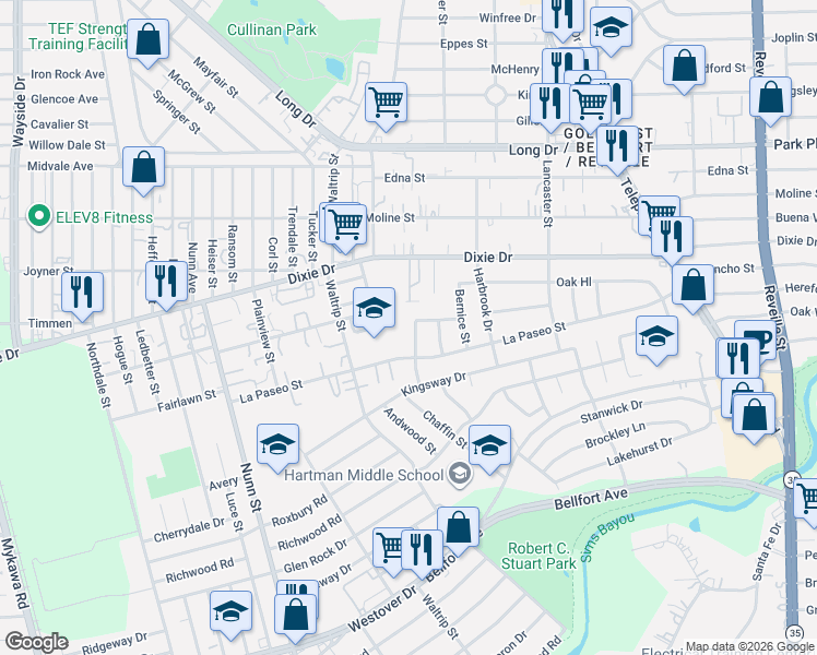 map of restaurants, bars, coffee shops, grocery stores, and more near 5922 Bois D Arc St in Houston