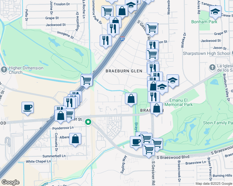 map of restaurants, bars, coffee shops, grocery stores, and more near 9402 Camargo Court in Houston