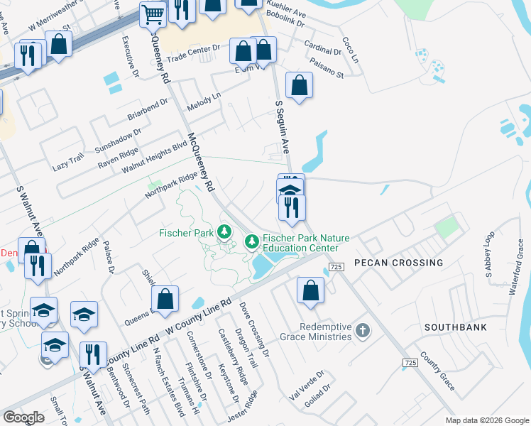 map of restaurants, bars, coffee shops, grocery stores, and more near 345 Placid Meadow in New Braunfels