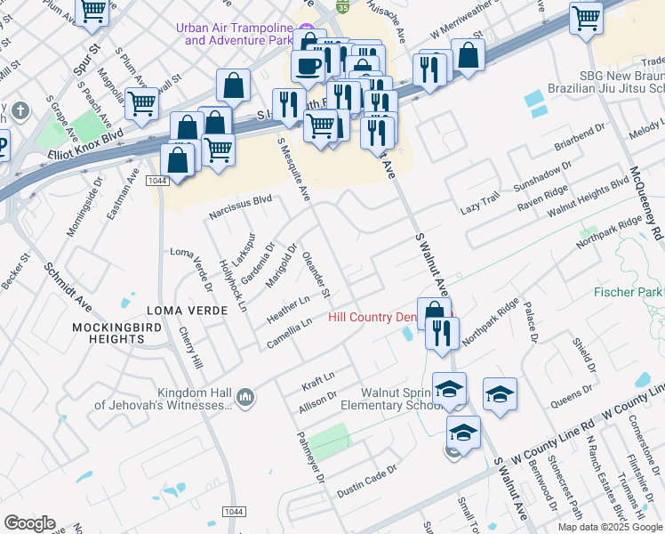 map of restaurants, bars, coffee shops, grocery stores, and more near 1352 Pecan Ridge in New Braunfels