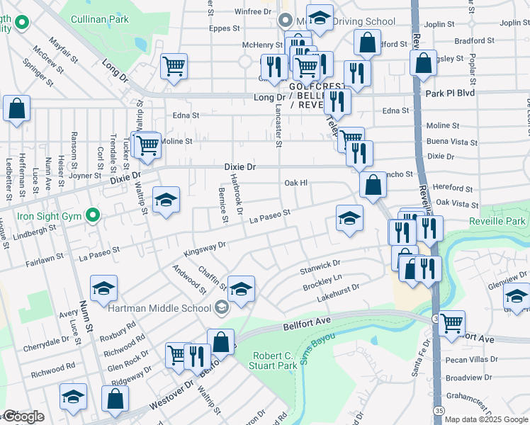 map of restaurants, bars, coffee shops, grocery stores, and more near 7213 La Paseo Street in Houston