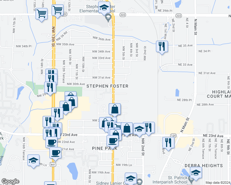 map of restaurants, bars, coffee shops, grocery stores, and more near 2903 Northwest 6th Street in Gainesville