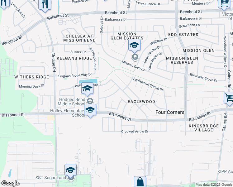 map of restaurants, bars, coffee shops, grocery stores, and more near 16315 Split Willow Drive in Houston