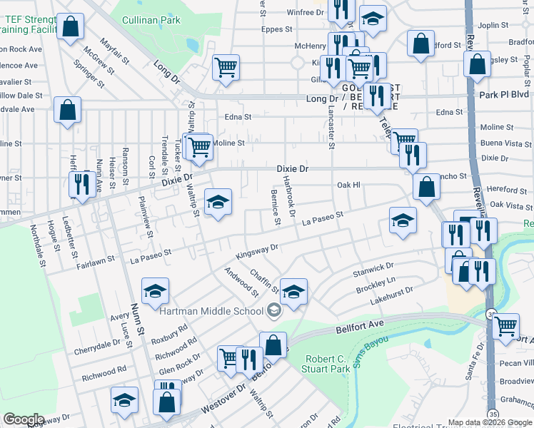 map of restaurants, bars, coffee shops, grocery stores, and more near 5903 Bois D Arc Street in Houston