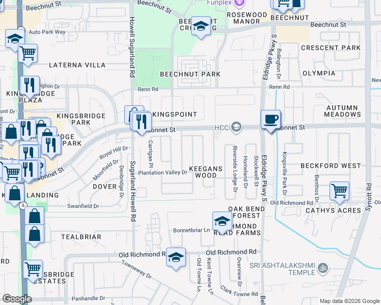 map of restaurants, bars, coffee shops, grocery stores, and more near 9322 Danforth Way in Houston