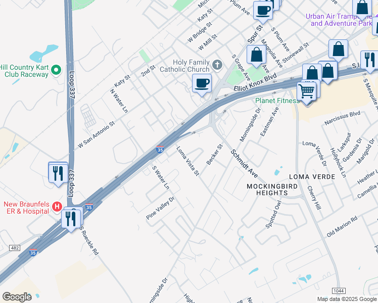 map of restaurants, bars, coffee shops, grocery stores, and more near 2754 Heynis North in New Braunfels