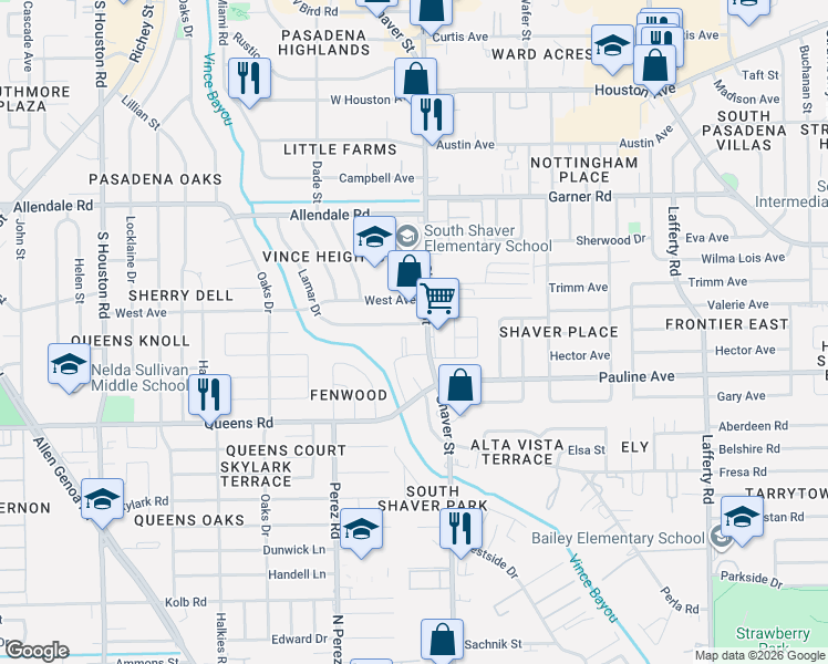 map of restaurants, bars, coffee shops, grocery stores, and more near 2208 Shaver Street in Pasadena