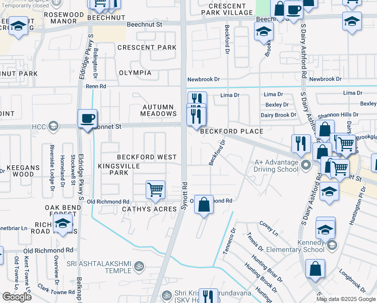 map of restaurants, bars, coffee shops, grocery stores, and more near 9218 Benchley Drive in Houston