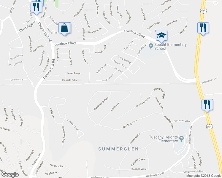 map of restaurants, bars, coffee shops, grocery stores, and more near 2703 Winding View in San Antonio