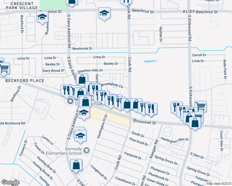map of restaurants, bars, coffee shops, grocery stores, and more near 12403 Magnolia Canyon in Houston