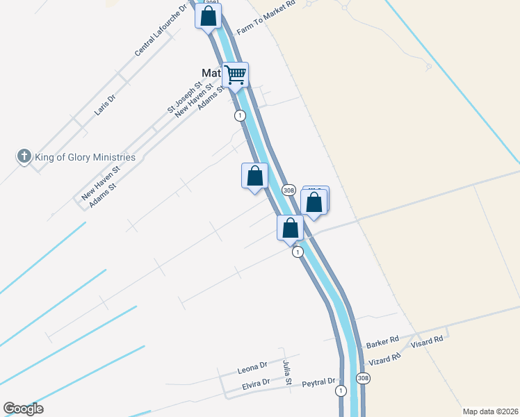 map of restaurants, bars, coffee shops, grocery stores, and more near 5102 Louisiana 1 in Raceland