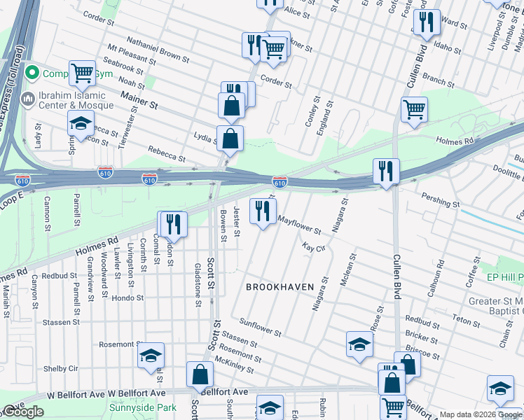 map of restaurants, bars, coffee shops, grocery stores, and more near 1012 Danube Street in Houston