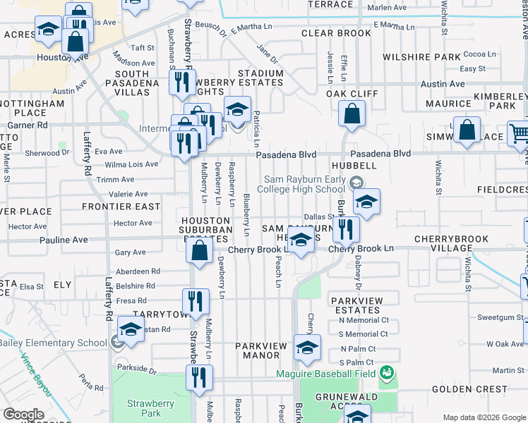 map of restaurants, bars, coffee shops, grocery stores, and more near 2207 Huckleberry Lane in Pasadena
