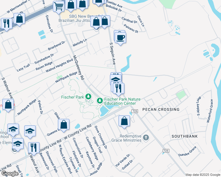 map of restaurants, bars, coffee shops, grocery stores, and more near 314 Serene Meadow in New Braunfels